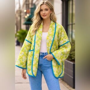 🧵 HANDMADE (by me!) Floral Quilt Coat Jacket with Blue Trim M-XL